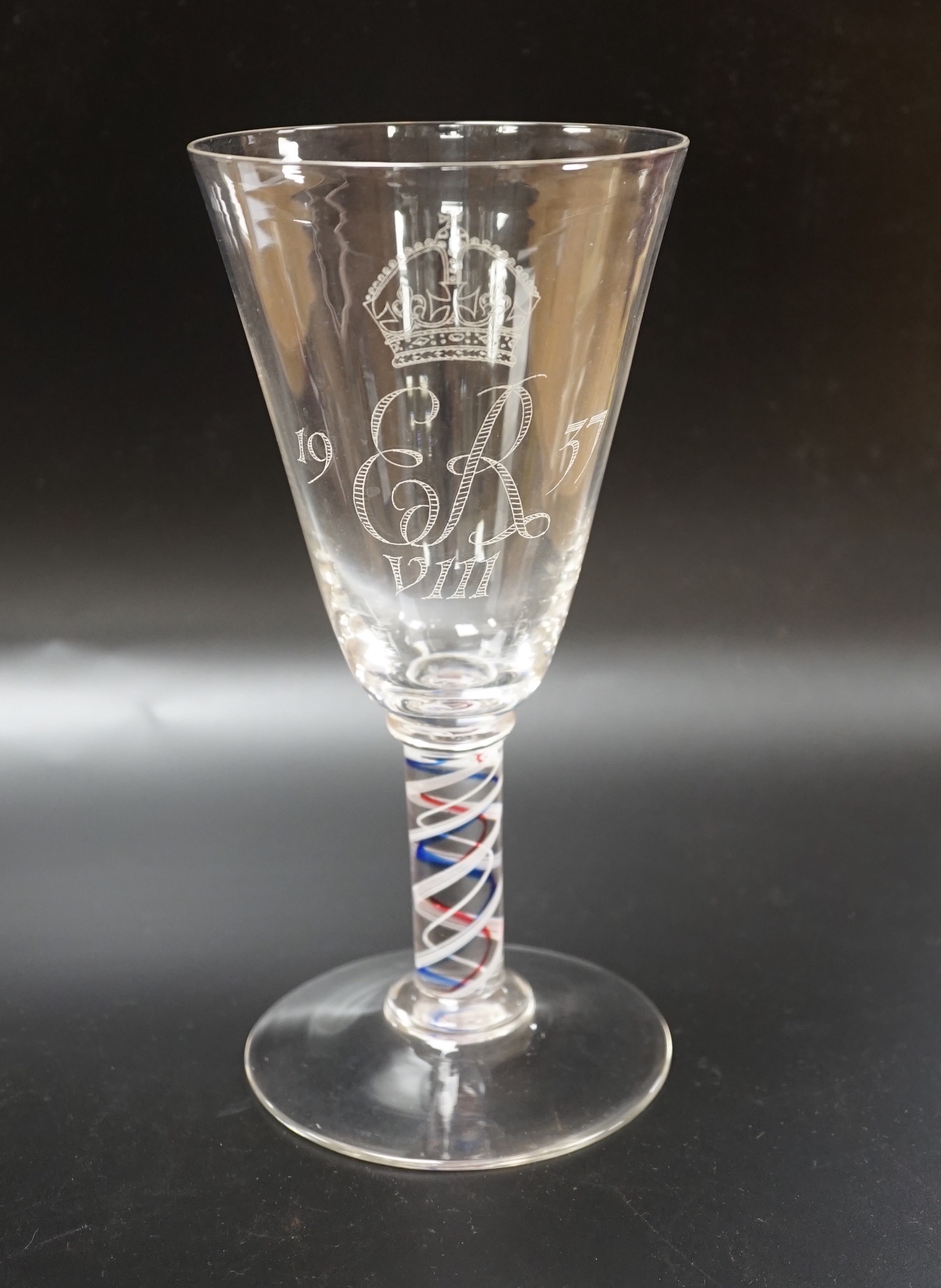 A large Edward VIII commemorative trumpet goblet with etched glass design and cypher dated 1937, stem with red, blue and white colour twist, 22.9cm high